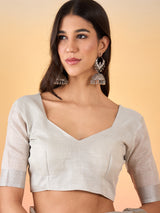 ZARI MAHAL-Silver Grey Striped Linen Saree with Delicate Golden Floral Weaves