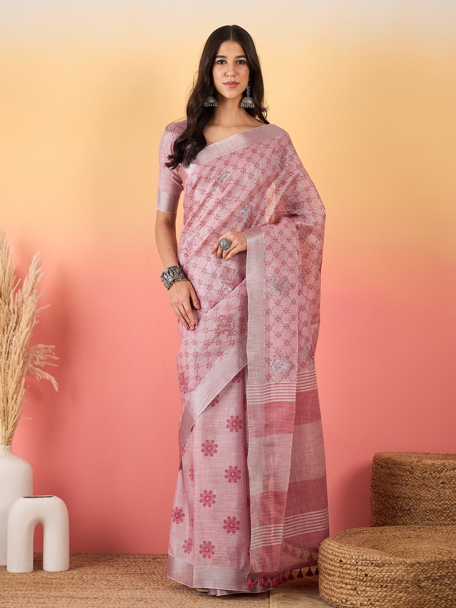 ZARI MAHAL-Blush Pink Floral Weave Linen Saree with Elegant Striped Pallu
