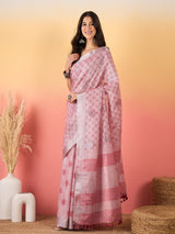 ZARI MAHAL-Blush Pink Floral Weave Linen Saree with Elegant Striped Pallu