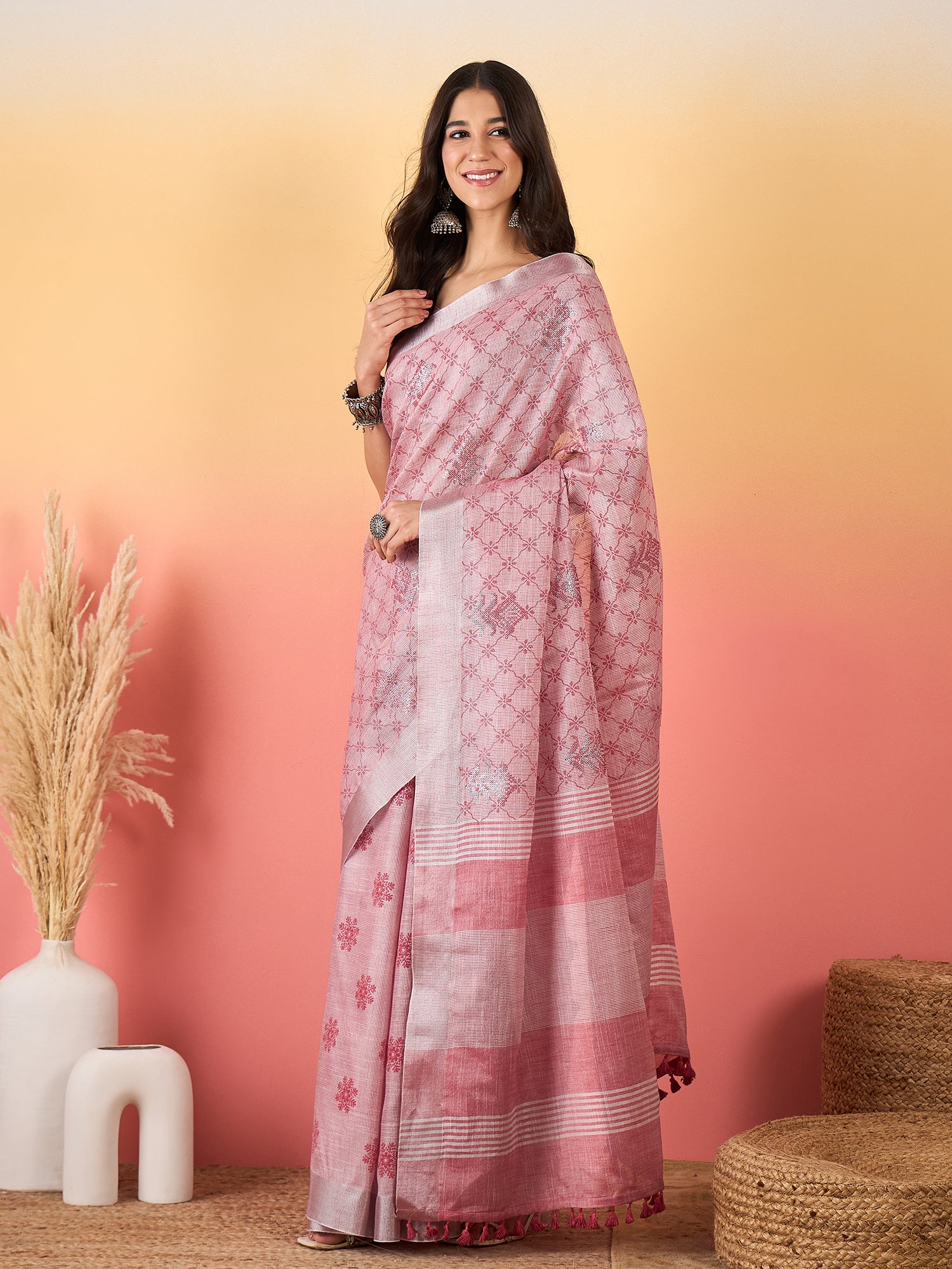 ZARI MAHAL-Blush Pink Floral Weave Linen Saree with Elegant Striped Pallu