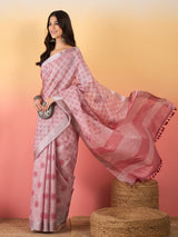 ZARI MAHAL-Blush Pink Floral Weave Linen Saree with Elegant Striped Pallu