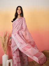ZARI MAHAL-Blush Pink Floral Weave Linen Saree with Elegant Striped Pallu