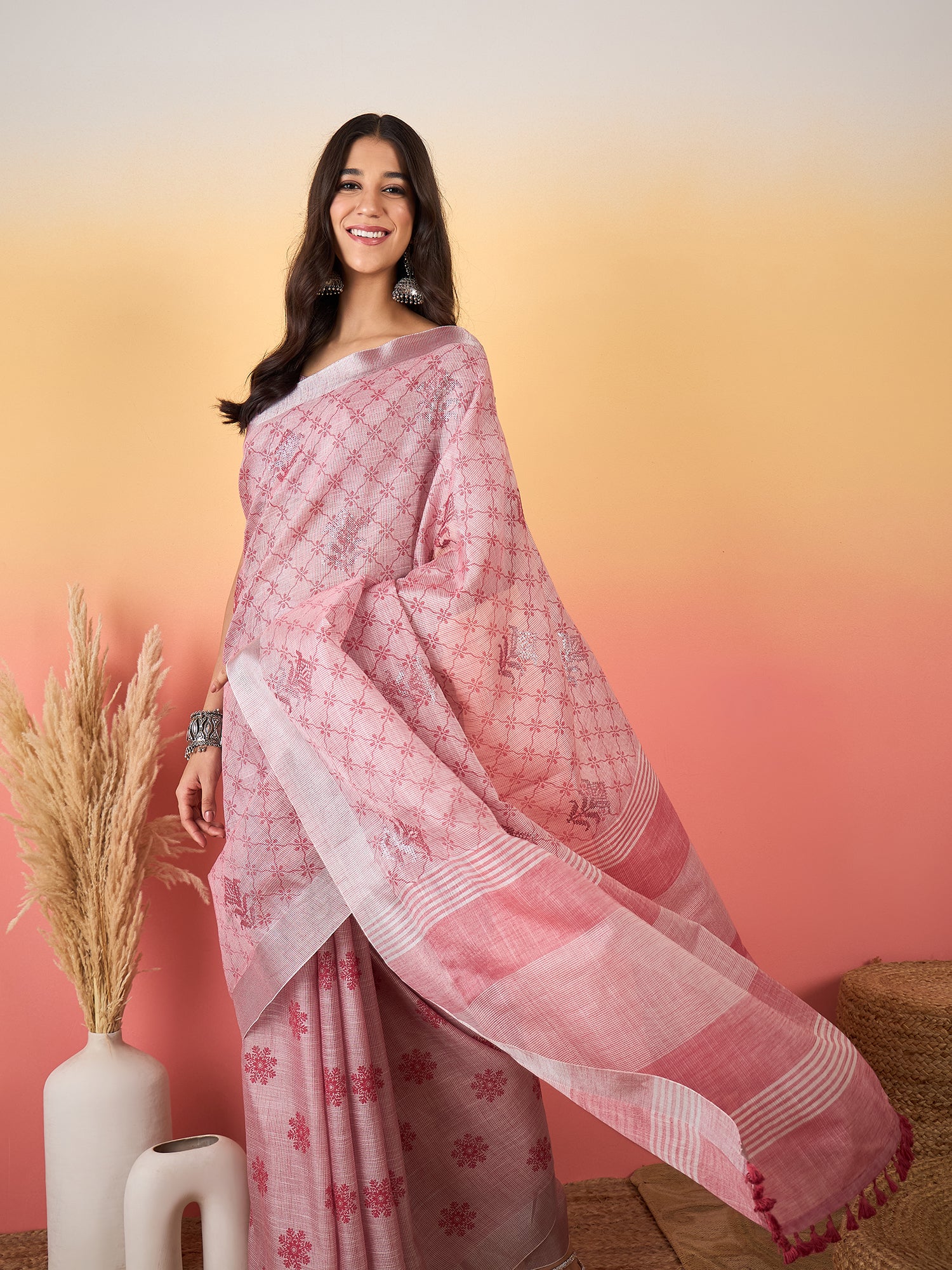 ZARI MAHAL-Blush Pink Floral Weave Linen Saree with Elegant Striped Pallu