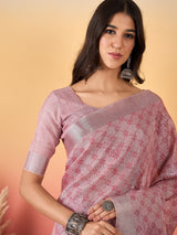 ZARI MAHAL-Blush Pink Floral Weave Linen Saree with Elegant Striped Pallu