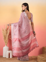 ZARI MAHAL-Blush Pink Floral Weave Linen Saree with Elegant Striped Pallu
