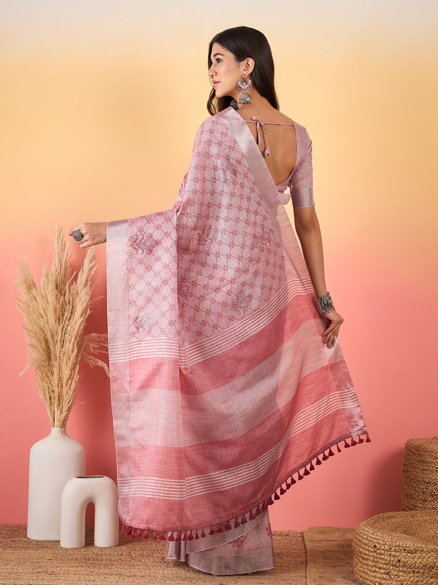 ZARI MAHAL-Blush Pink Floral Weave Linen Saree with Elegant Striped Pallu