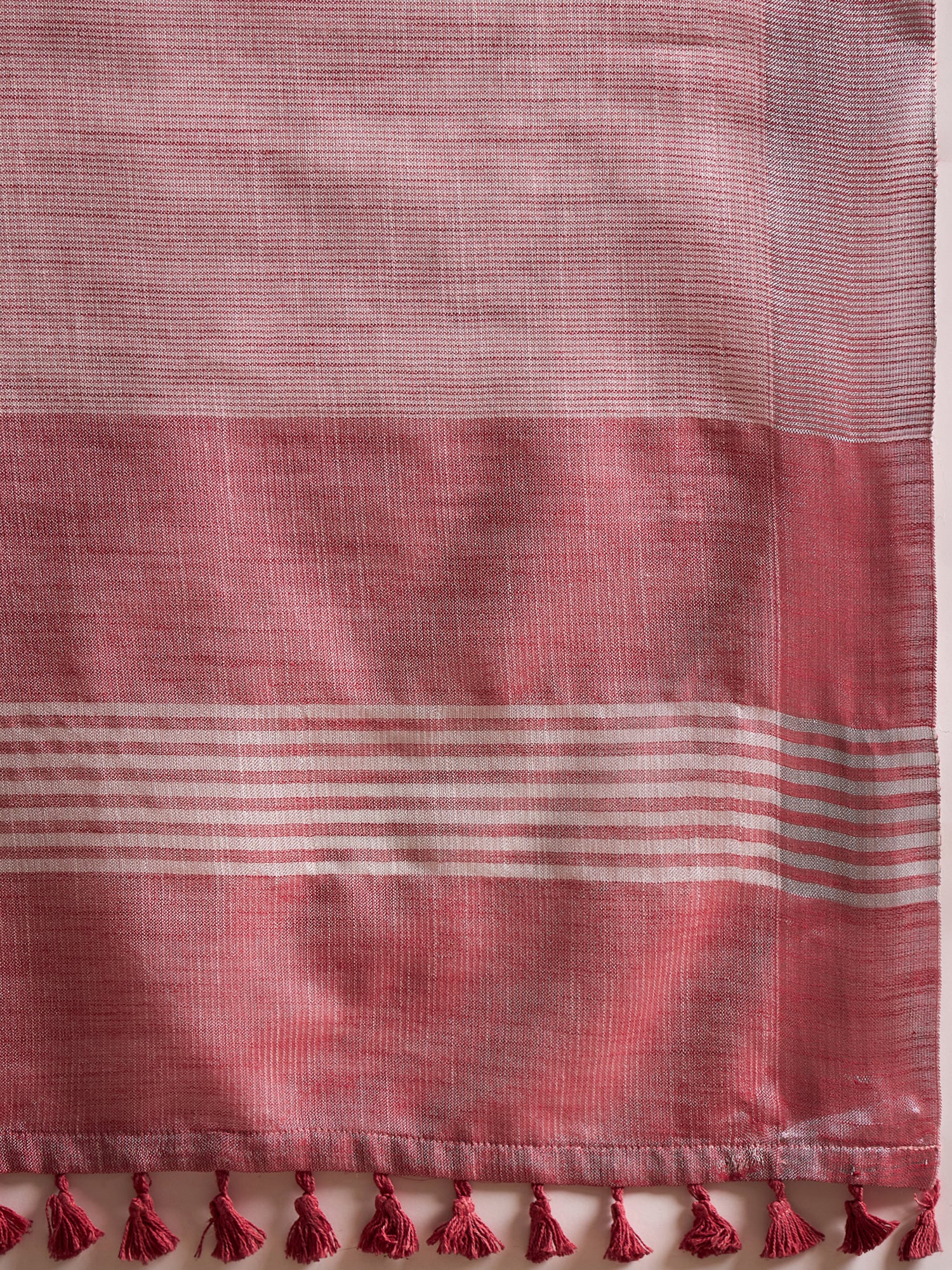 ZARI MAHAL-Blush Pink Floral Weave Linen Saree with Elegant Striped Pallu