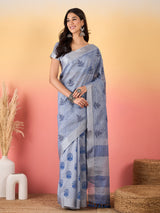 ZARI MAHAL-Elegant Lavender Blue Geometric Print Linen Saree with Artistic Floral Motifs