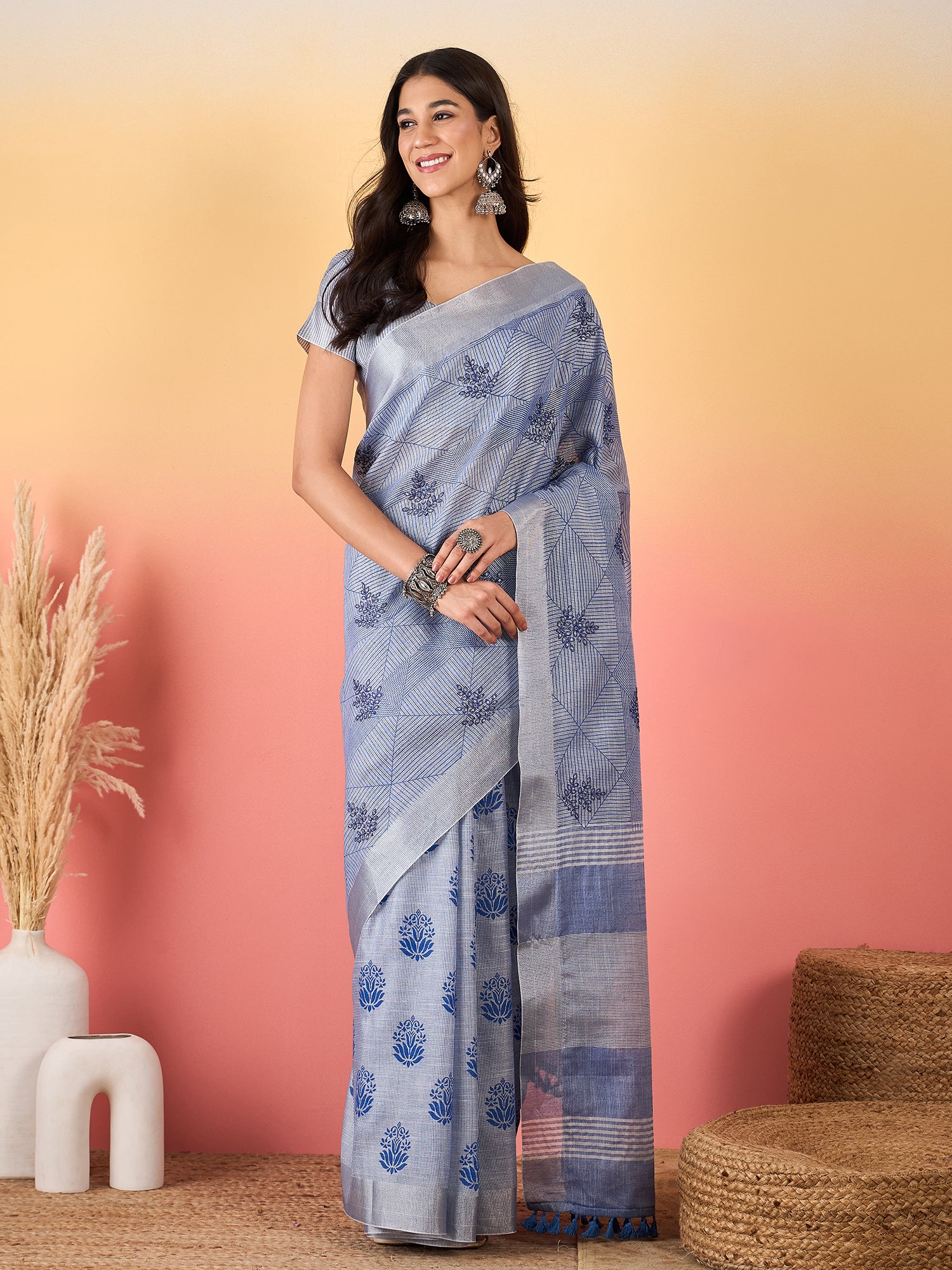 ZARI MAHAL-Elegant Lavender Blue Geometric Print Linen Saree with Artistic Floral Motifs