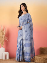 ZARI MAHAL-Elegant Lavender Blue Geometric Print Linen Saree with Artistic Floral Motifs