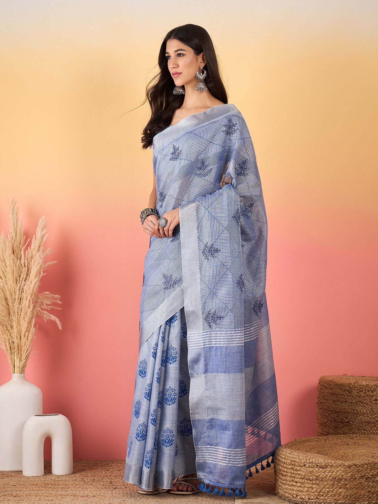 ZARI MAHAL-Elegant Lavender Blue Geometric Print Linen Saree with Artistic Floral Motifs