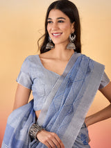 ZARI MAHAL-Elegant Lavender Blue Geometric Print Linen Saree with Artistic Floral Motifs