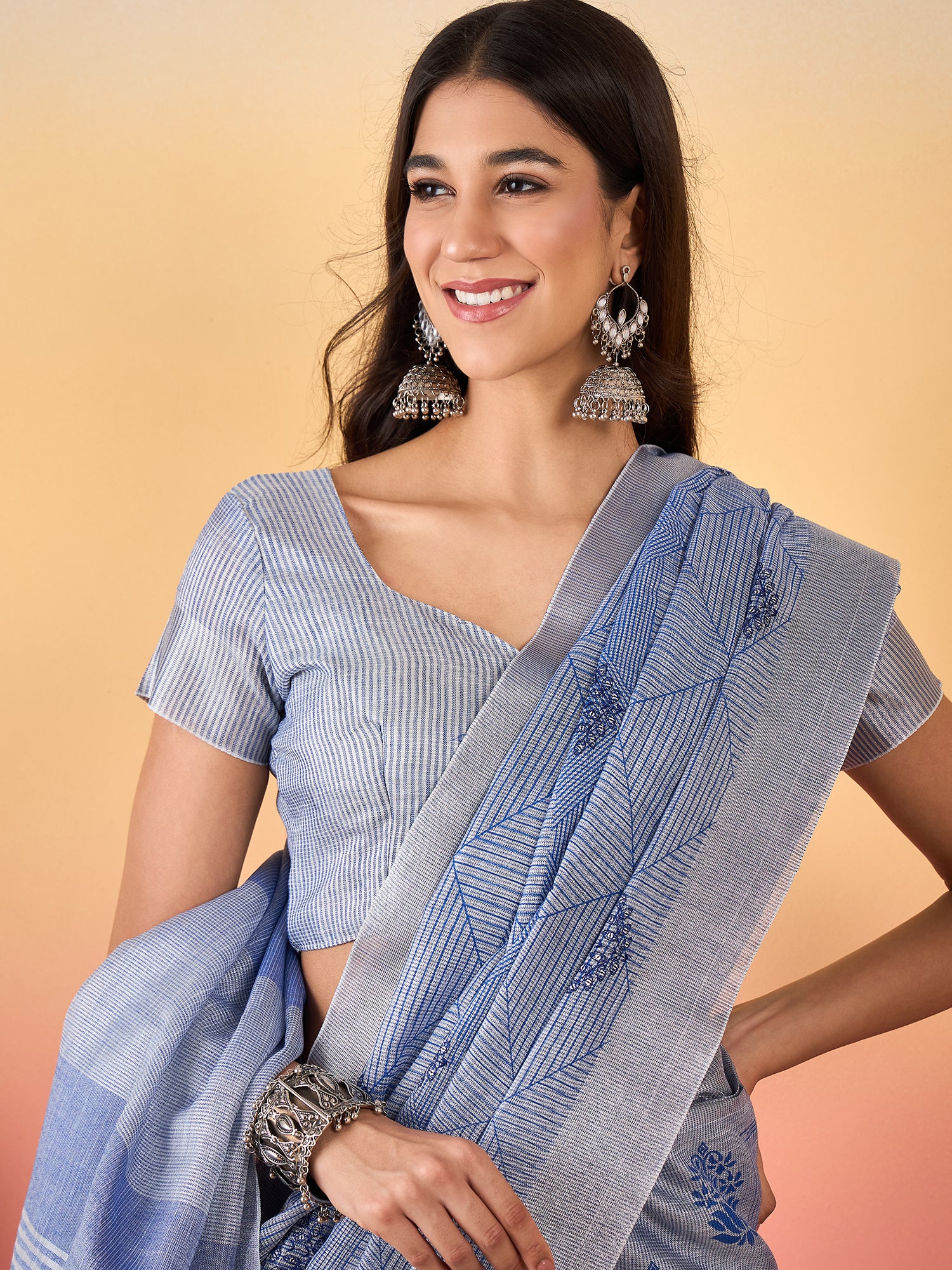ZARI MAHAL-Elegant Lavender Blue Geometric Print Linen Saree with Artistic Floral Motifs