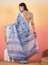 ZARI MAHAL-Elegant Lavender Blue Geometric Print Linen Saree with Artistic Floral Motifs
