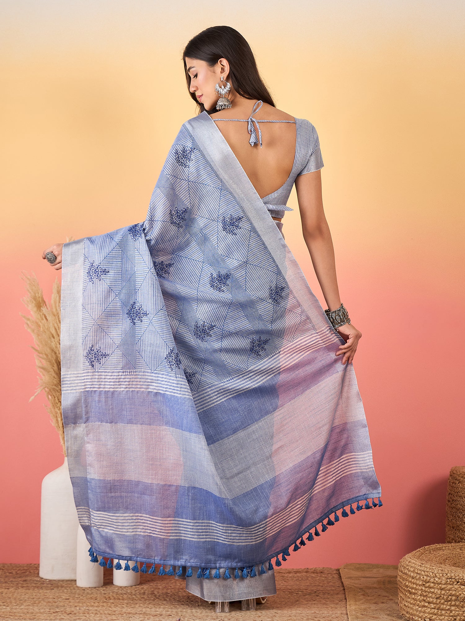 ZARI MAHAL-Elegant Lavender Blue Geometric Print Linen Saree with Artistic Floral Motifs