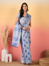 ZARI MAHAL-Elegant Lavender Blue Geometric Print Linen Saree with Artistic Floral Motifs