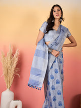 ZARI MAHAL-Elegant Lavender Blue Geometric Print Linen Saree with Artistic Floral Motifs