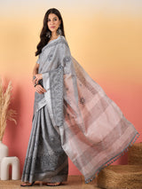 ZARI MAHAL-Elegant Silver Grey Linen Saree with Intricate Black Floral Woven Border