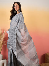 ZARI MAHAL-Elegant Silver Grey Linen Saree with Intricate Black Floral Woven Border