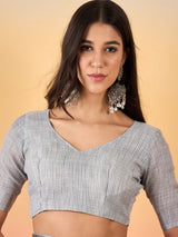 ZARI MAHAL-Elegant Silver Grey Linen Saree with Intricate Black Floral Woven Border