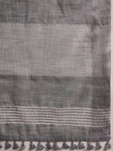 ZARI MAHAL-Elegant Silver Grey Linen Saree with Intricate Black Floral Woven Border