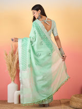 ZARI MAHAL-Mint Green Linen Saree with Elegant Floral Woven Border & Subtle Motif Work