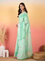 ZARI MAHAL-Mint Green Linen Saree with Elegant Floral Woven Border & Subtle Motif Work