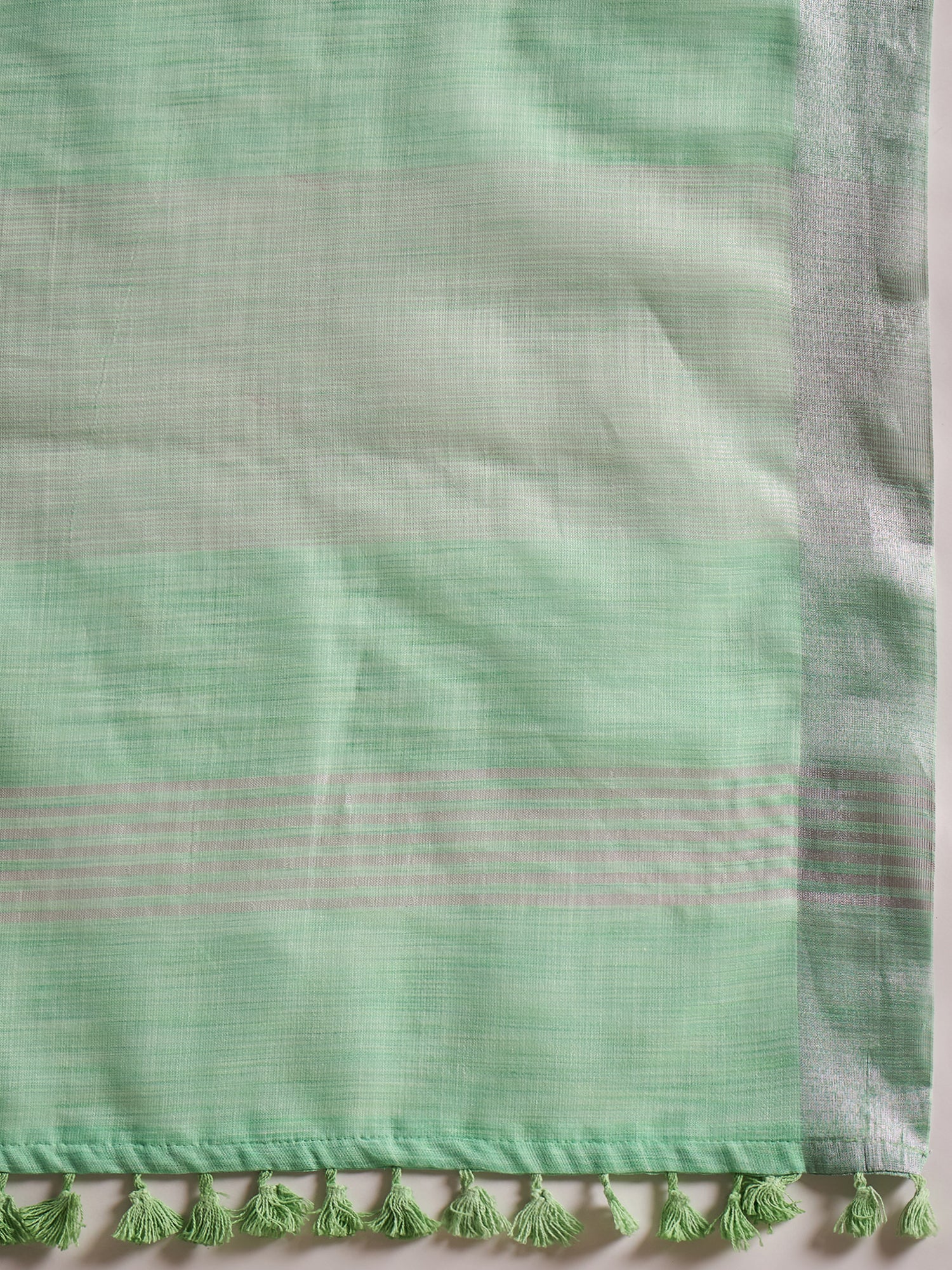 ZARI MAHAL-Mint Green Linen Saree with Elegant Floral Woven Border & Subtle Motif Work