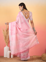 ZARI MAHAL-Blush Pink Linen Saree with Delicate Woven Motifs & Elegant Border