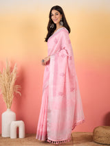 ZARI MAHAL-Blush Pink Linen Saree with Delicate Woven Motifs & Elegant Border