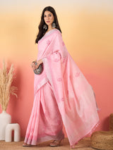 ZARI MAHAL-Blush Pink Linen Saree with Delicate Woven Motifs & Elegant Border