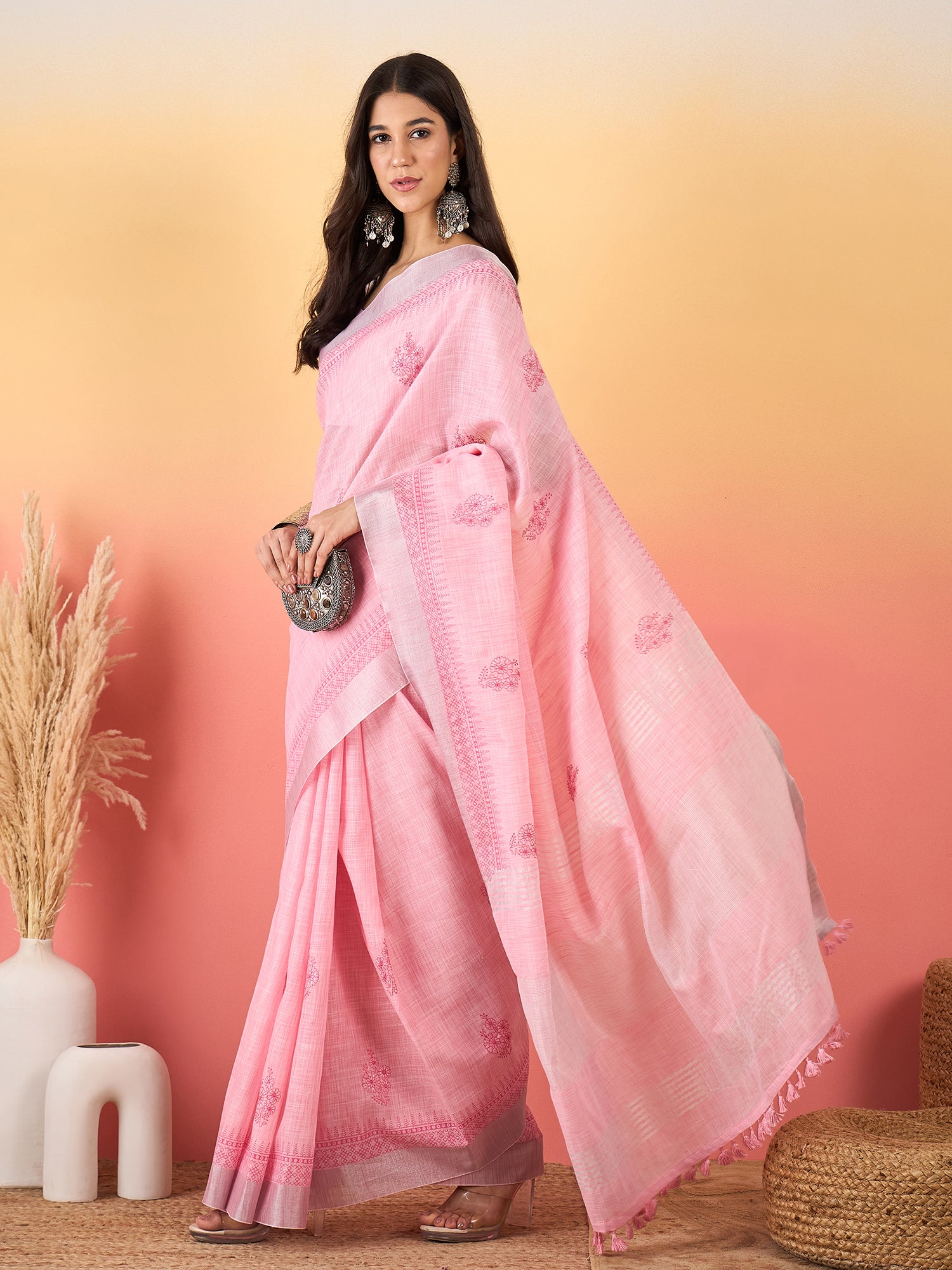 ZARI MAHAL-Blush Pink Linen Saree with Delicate Woven Motifs & Elegant Border