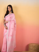 ZARI MAHAL-Blush Pink Linen Saree with Delicate Woven Motifs & Elegant Border