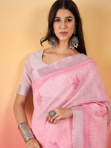 ZARI MAHAL-Blush Pink Linen Saree with Delicate Woven Motifs & Elegant Border