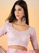 ZARI MAHAL-Blush Pink Linen Saree with Delicate Woven Motifs & Elegant Border