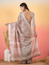 ZARI MAHAL-Rust Beige Checked Linen Saree with Minimal Floral Embroidery