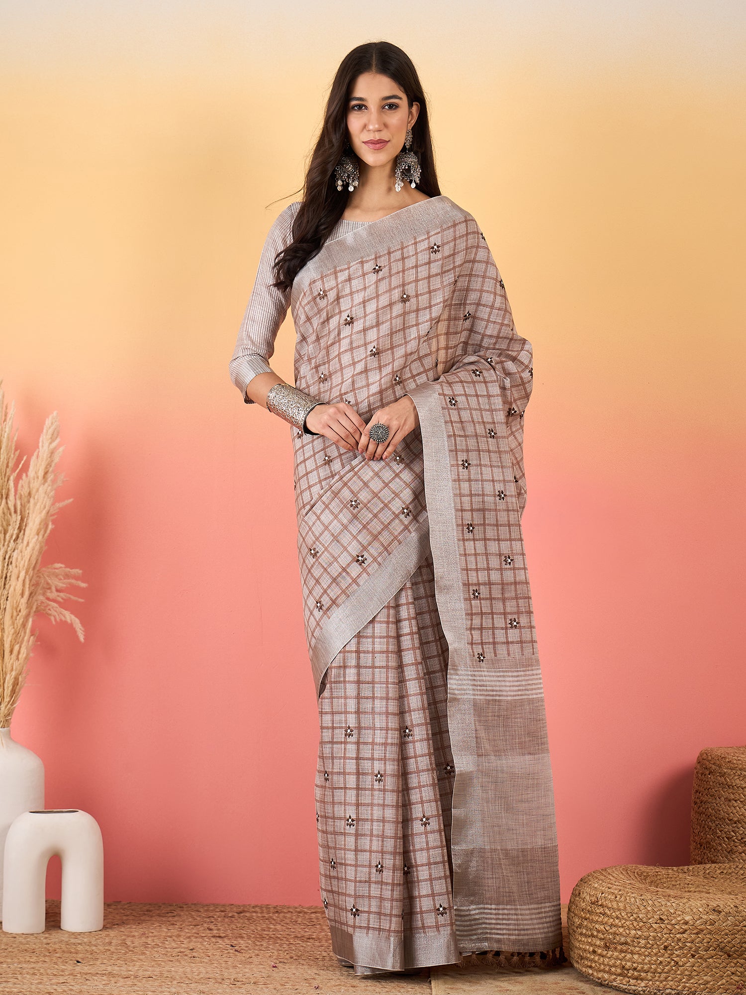ZARI MAHAL-Rust Beige Checked Linen Saree with Minimal Floral Embroidery