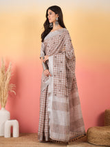 ZARI MAHAL-Rust Beige Checked Linen Saree with Minimal Floral Embroidery