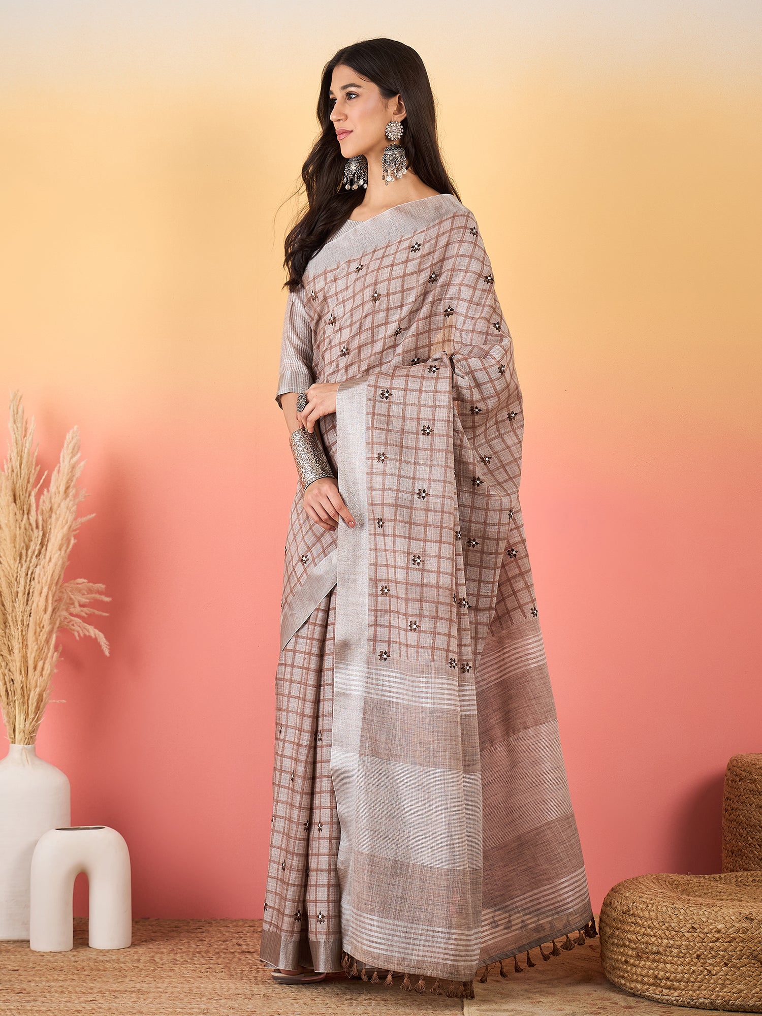 ZARI MAHAL-Rust Beige Checked Linen Saree with Minimal Floral Embroidery