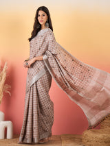 ZARI MAHAL-Rust Beige Checked Linen Saree with Minimal Floral Embroidery