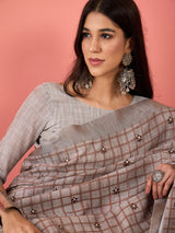 ZARI MAHAL-Rust Beige Checked Linen Saree with Minimal Floral Embroidery
