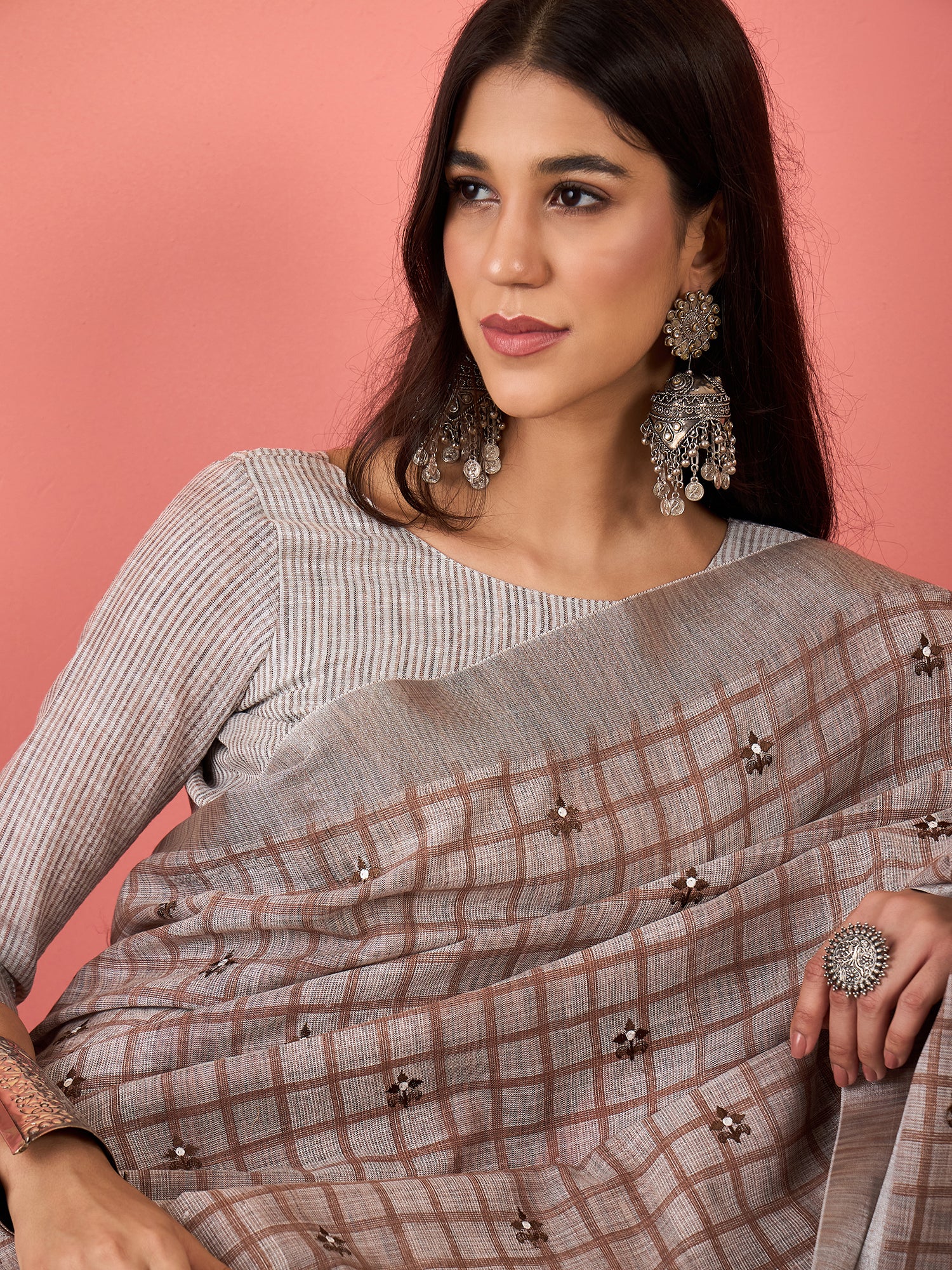 ZARI MAHAL-Rust Beige Checked Linen Saree with Minimal Floral Embroidery