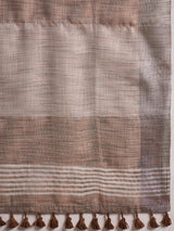 ZARI MAHAL-Rust Beige Checked Linen Saree with Minimal Floral Embroidery