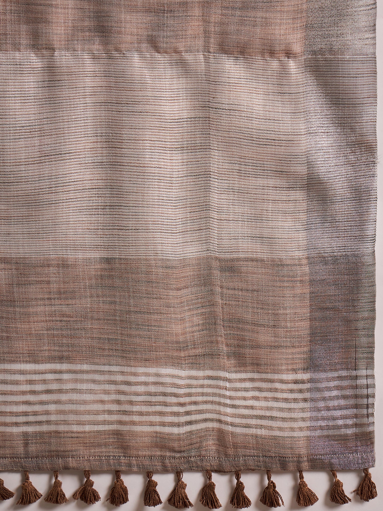 ZARI MAHAL-Rust Beige Checked Linen Saree with Minimal Floral Embroidery