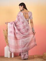 ZARI MAHAL-Blush Pink Handwoven Linen Saree with Delicate Floral Embroidery