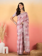 ZARI MAHAL-Blush Pink Handwoven Linen Saree with Delicate Floral Embroidery