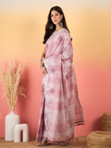 ZARI MAHAL-Blush Pink Handwoven Linen Saree with Delicate Floral Embroidery