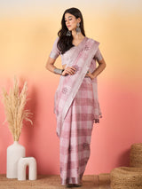ZARI MAHAL-Blush Pink Handwoven Linen Saree with Delicate Floral Embroidery