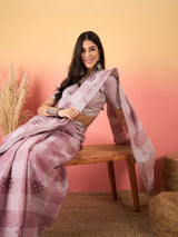 ZARI MAHAL-Blush Pink Handwoven Linen Saree with Delicate Floral Embroidery