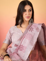 ZARI MAHAL-Blush Pink Handwoven Linen Saree with Delicate Floral Embroidery